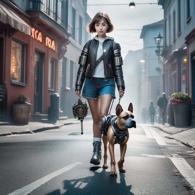  A girl crossing the roa with her cyborg dog hyperrealistic, full body, detailed clothing, highly detailed, cinematic lighting, stunningly beautiful, intricate, sharp focus, f/1. 8, 85mm, (centered image composition), (professionally color graded), ((bright soft diffused light)), volumetric fog, trending on instagram, trending on tumblr, HDR 4K, 8K