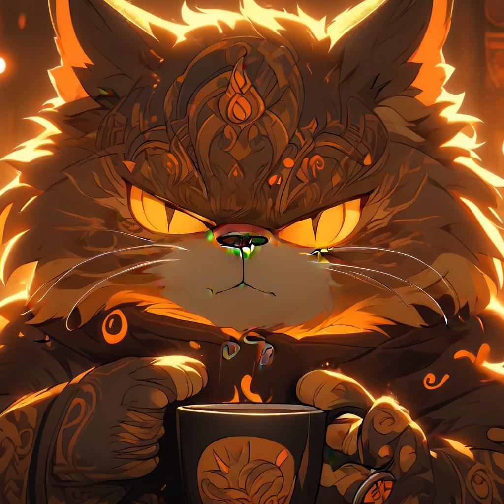  neonpunk style (Muggur inspired, trending on Reddit:1.2), (angry, 8K:1.3), close up of a disgruntled cat, furrowed brows, piercing gaze, (intense orange eyes:1.2), fluffy whiskers, holding a tiny coffee cup in its paws, steam rising from the cup, intricate coffee swirls visible, mobile wallpaper format, grumpy expression, 240p quality for a pixelated effect, detailed fur texture, cozy background setting, warm tones, humorous and relatable, expressive body language, dynamic angle. . cyberpunk, vaporwave, neon, vibes, vibrant, stunningly beautiful, crisp, detailed, sleek, ultramodern, magenta highlights, dark purple shadows, high contrast, cinematic, ultra detailed, intricate, professional hyperrealistic, full body, detailed clothing, highly detailed, cinematic lighting, stunningly beautiful, intricate, sharp focus, f/1. 8, 85mm, (centered image composition), (professionally color graded), ((bright soft diffused light)), volumetric fog, trending on instagram, trending on tumblr, HDR 4K, 8K