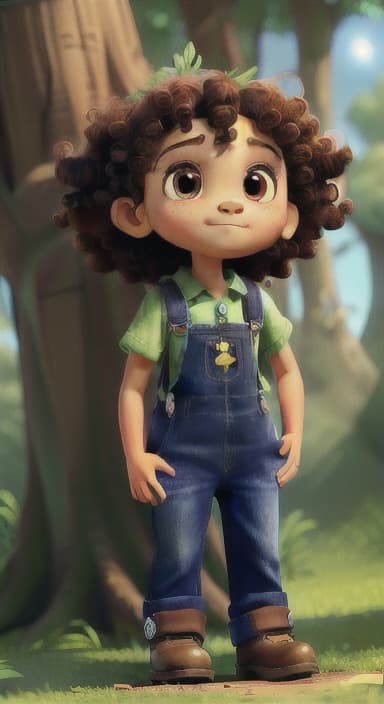  {The tree with a twinkling eye, while its leaves gently rustle., Riley, a curious with big brown eyes and curly hair, wearing overalls and carrying a small backpack. Their friend, Skye, a bluebird with shiny feathers.