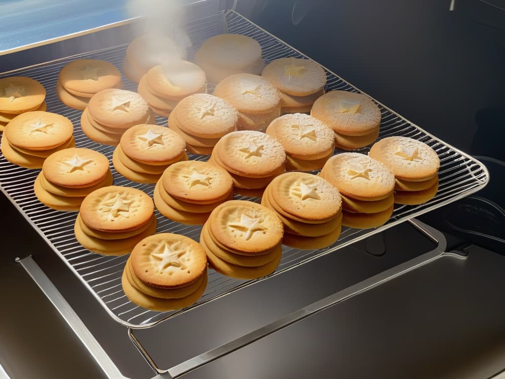  An ultradetailed closeup image of a sleek, modern stainless steel cooling rack with perfectly aligned rows of freshly baked golden cookies cooling on it. The cookies glisten under the soft lighting, showcasing their enticing texture and tempting aroma. Each cookie is flawlessly shaped and adorned with a sprinkle of powdered sugar, evoking a sense of culinary perfection and professionalism. hyperrealistic, full body, detailed clothing, highly detailed, cinematic lighting, stunningly beautiful, intricate, sharp focus, f/1. 8, 85mm, (centered image composition), (professionally color graded), ((bright soft diffused light)), volumetric fog, trending on instagram, trending on tumblr, HDR 4K, 8K