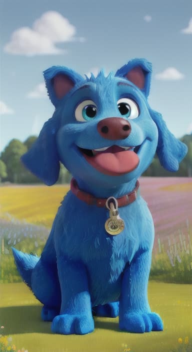  {A happy, big blue dog wagging its tail in a colorful meadow, The big blue dog is large with sky blue fur, big round eyes, a black nose, and floppy ears.