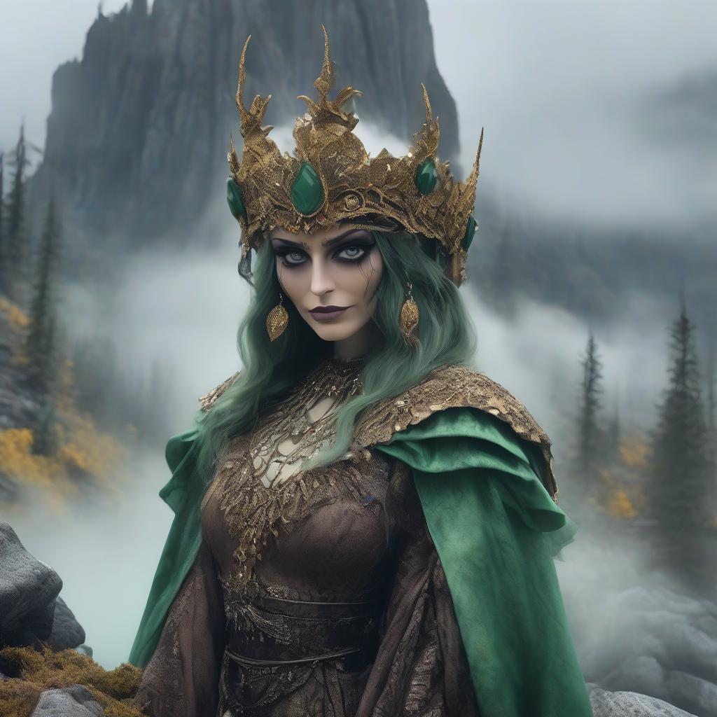  horror themed A beautiful woman stands on stones, smiling, yellow skin, green eyes, brown hair, malachite accessories, malachite crown, against a backdrop of a mountain and fog, mistress of a copper mountain. . eerie, unsettling, dark, spooky, suspenseful, grim, highly detailed hyperrealistic, full body, detailed clothing, highly detailed, cinematic lighting, stunningly beautiful, intricate, sharp focus, f/1. 8, 85mm, (centered image composition), (professionally color graded), ((bright soft diffused light)), volumetric fog, trending on instagram, trending on tumblr, HDR 4K, 8K