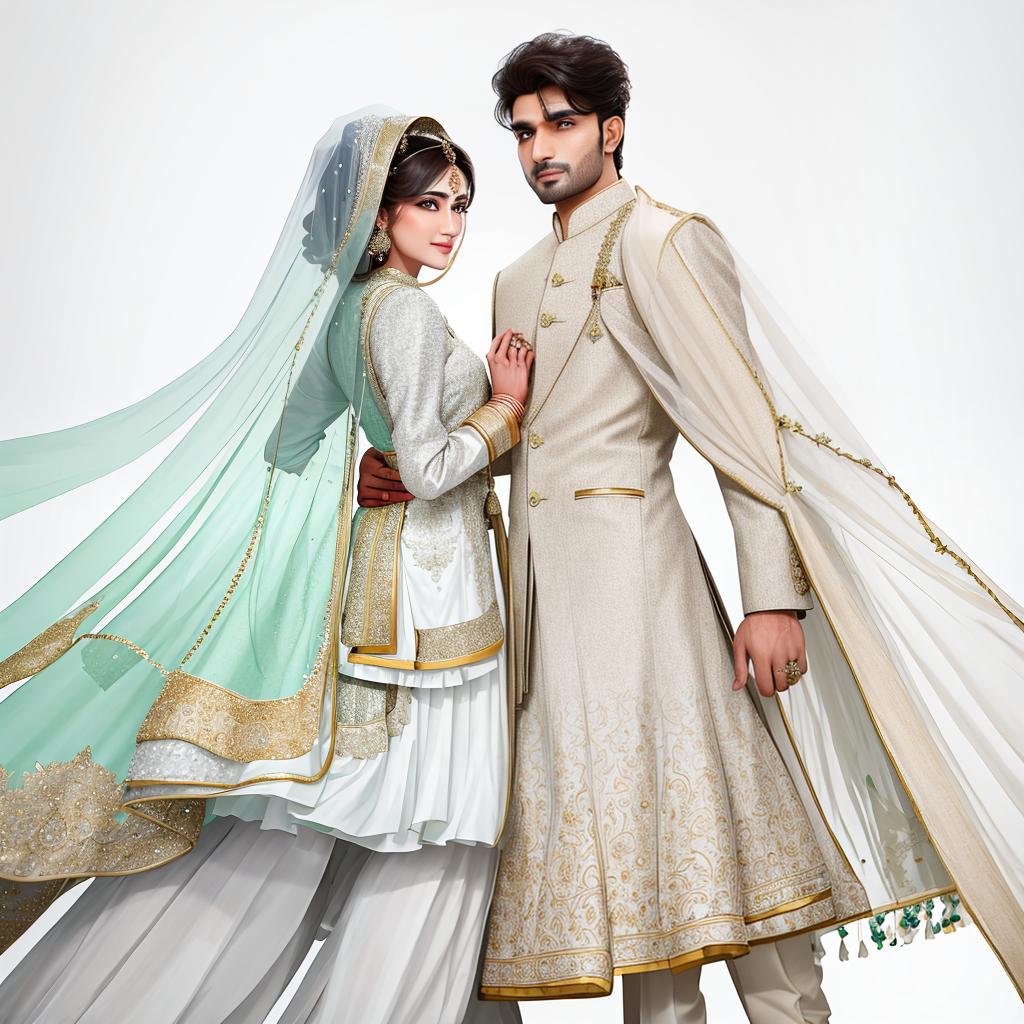  masterpiece, best quality, Generate image of a pakistani marriage couple during marriage ceremony, create groom with coat and pant, and bride with pakistani traditional wedding dress. With white background. image should be from back side of the bride and the groom