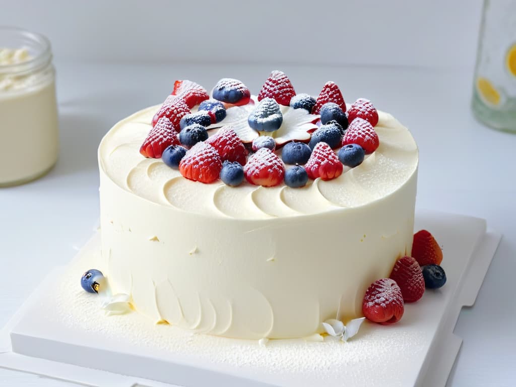  A closeup, ultradetailed image of a perfectly frosted, multilayered cake made with alternative flours like almond and coconut flour, garnished with fresh berries and edible flowers. The cake is displayed on a sleek, minimalist white plate against a clean, white background, showcasing the intricacies of the frosting swirls and the vibrant colors of the toppings. hyperrealistic, full body, detailed clothing, highly detailed, cinematic lighting, stunningly beautiful, intricate, sharp focus, f/1. 8, 85mm, (centered image composition), (professionally color graded), ((bright soft diffused light)), volumetric fog, trending on instagram, trending on tumblr, HDR 4K, 8K