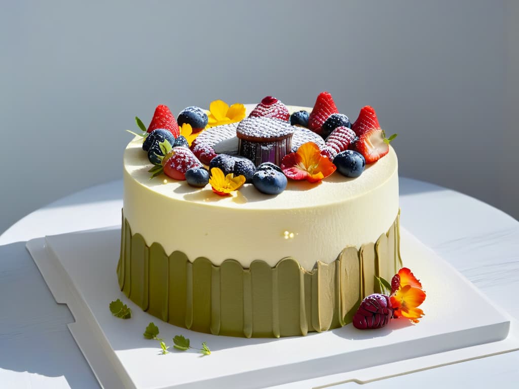  A closeup, ultradetailed image of a vibrant, multilayered glutenfree cake with intricate floral decorations made from fresh berries and edible flowers. The cake is elegantly displayed on a sleek, marble countertop, with soft natural light casting gentle shadows, highlighting the fine details of the dessert. Each layer of the cake is perfectly visible, showcasing the moist crumb and rich, indulgent filling, while the delicate decorations add a pop of color and artistry to the scene. hyperrealistic, full body, detailed clothing, highly detailed, cinematic lighting, stunningly beautiful, intricate, sharp focus, f/1. 8, 85mm, (centered image composition), (professionally color graded), ((bright soft diffused light)), volumetric fog, trending on instagram, trending on tumblr, HDR 4K, 8K