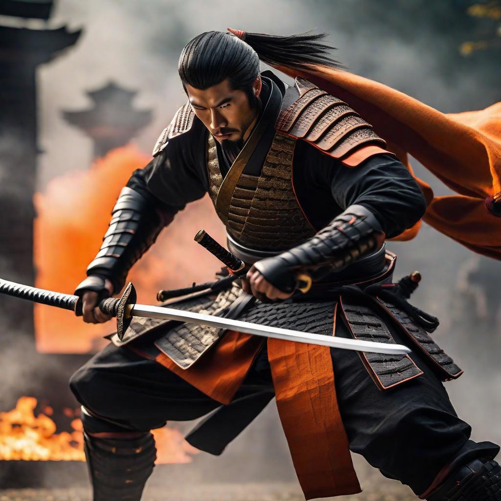  generate a young stud samurai wearing a black kamado with orange accents with katanas of glory hyperrealistic, full body, detailed clothing, highly detailed, cinematic lighting, stunningly beautiful, intricate, sharp focus, f/1. 8, 85mm, (centered image composition), (professionally color graded), ((bright soft diffused light)), volumetric fog, trending on instagram, trending on tumblr, HDR 4K, 8K