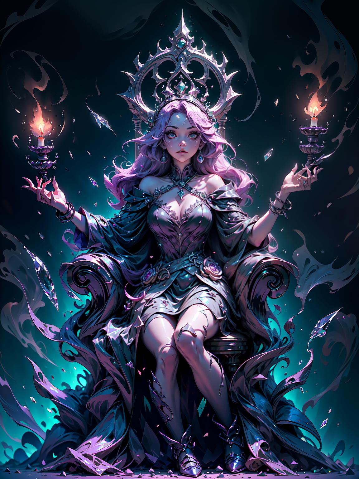  master piece, best quality, ultra detailed, highres, 4k.8k, Queen, Controlling poison, gazing confidently, Confident and commanding, BREAK Dangerous Queen of Poison, Dark throne room, Throne, vials of poison, candlelight, shadows, BREAK Eerie and foreboding, Glowing poison, shadows dancing, crystallineAI,fantasy00d