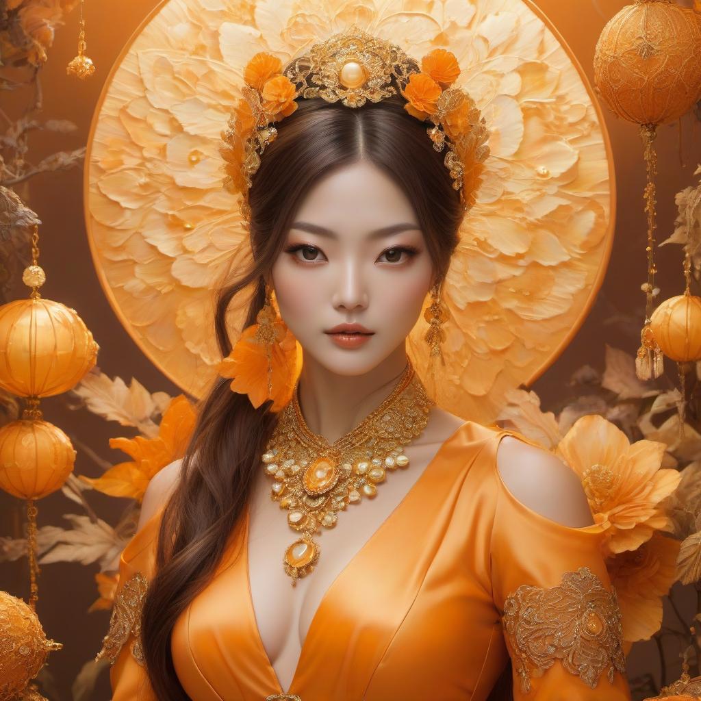  surrealist art A cartoon in an orange costume with gold jewelry, in the style of miho hirano, light yellow and dark brown, close up, traditional costumes, like simplicity, comic art, tondo . dreamlike, mysterious, , symbolic, intricate, detailed hyperrealistic, full body, detailed clothing, highly detailed, cinematic lighting, stunningly beautiful, intricate, sharp focus, f/1. 8, 85mm, (centered image composition), (professionally color graded), ((bright soft diffused light)), volumetric fog, trending on instagram, trending on tumblr, HDR 4K, 8K