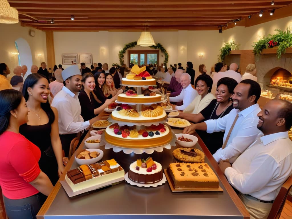  A photorealistic image of a diverse group of people gathered around a large communal table, smiling and interacting while enjoying an array of beautifully crafted desserts such as cakes, pastries, and cookies. The setting is warm and inviting, with soft lighting accentuating the textures and colors of the delicious treats. The table is adorned with fresh flowers and decorative elements, adding to the sense of community and togetherness in the scene. hyperrealistic, full body, detailed clothing, highly detailed, cinematic lighting, stunningly beautiful, intricate, sharp focus, f/1. 8, 85mm, (centered image composition), (professionally color graded), ((bright soft diffused light)), volumetric fog, trending on instagram, trending on tumblr, HDR 4K, 8K