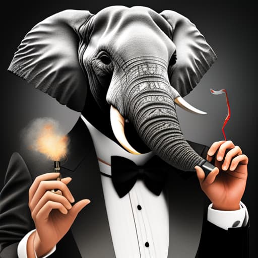 mdjrny-v4 style An elephant wearing an elegant tuxedo and smoking a cigar