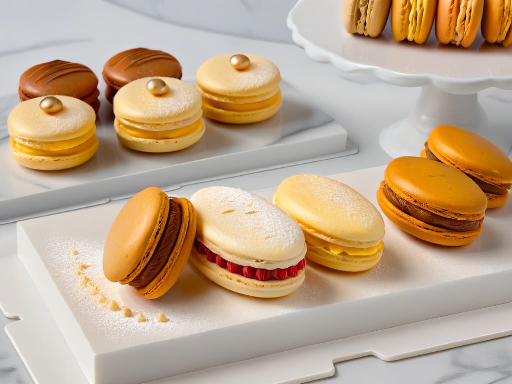  An ultradetailed closeup image of a perfectly baked macaron and a delicate madeleine side by side on a sleek, modern marble serving board. The macaron showcases its smooth, colorful shell with a glossy finish, while the madeleine glistens with a goldenbrown hue and delicate shelllike ridges. Each detail, from the light dusting of powdered sugar to the intricate textures of the desserts, is captured with stunning clarity, highlighting the elegance and craftsmanship of these iconic French pastries. hyperrealistic, full body, detailed clothing, highly detailed, cinematic lighting, stunningly beautiful, intricate, sharp focus, f/1. 8, 85mm, (centered image composition), (professionally color graded), ((bright soft diffused light)), volumetric fog, trending on instagram, trending on tumblr, HDR 4K, 8K