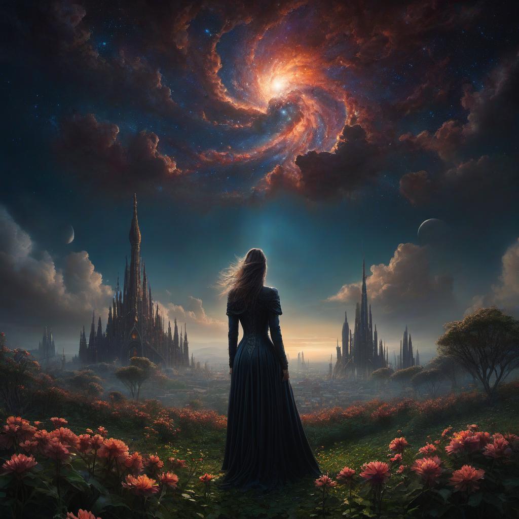  (stylized by Tomasz Alen Kopera:1.3) , dark art, dense flower field and Perseid meteor in background, landscape of a (Barcelona:1.2) , very Bizarre and 1600'S, Hurricane, Glitchcore, Amaro, layered textures, ornate, intricate artistic color, complimentary colors, very inspirational, atmosphere, fine artistic composition, sunny, theatrical hyperrealistic, full body, detailed clothing, highly detailed, cinematic lighting, stunningly beautiful, intricate, sharp focus, f/1. 8, 85mm, (centered image composition), (professionally color graded), ((bright soft diffused light)), volumetric fog, trending on instagram, trending on tumblr, HDR 4K, 8K