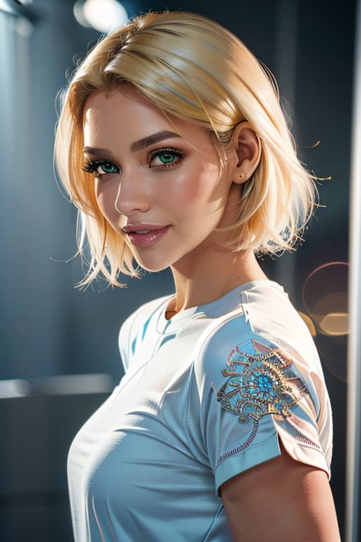  1girl,1girl,blonde short hair,straight hair,upper body shot,shirt,smile hyperrealistic, full body, detailed clothing, highly detailed, cinematic lighting, stunningly beautiful, intricate, sharp focus, f/1. 8, 85mm, (centered image composition), (professionally color graded), ((bright soft diffused light)), volumetric fog, trending on instagram, trending on tumblr, HDR 4K, 8K