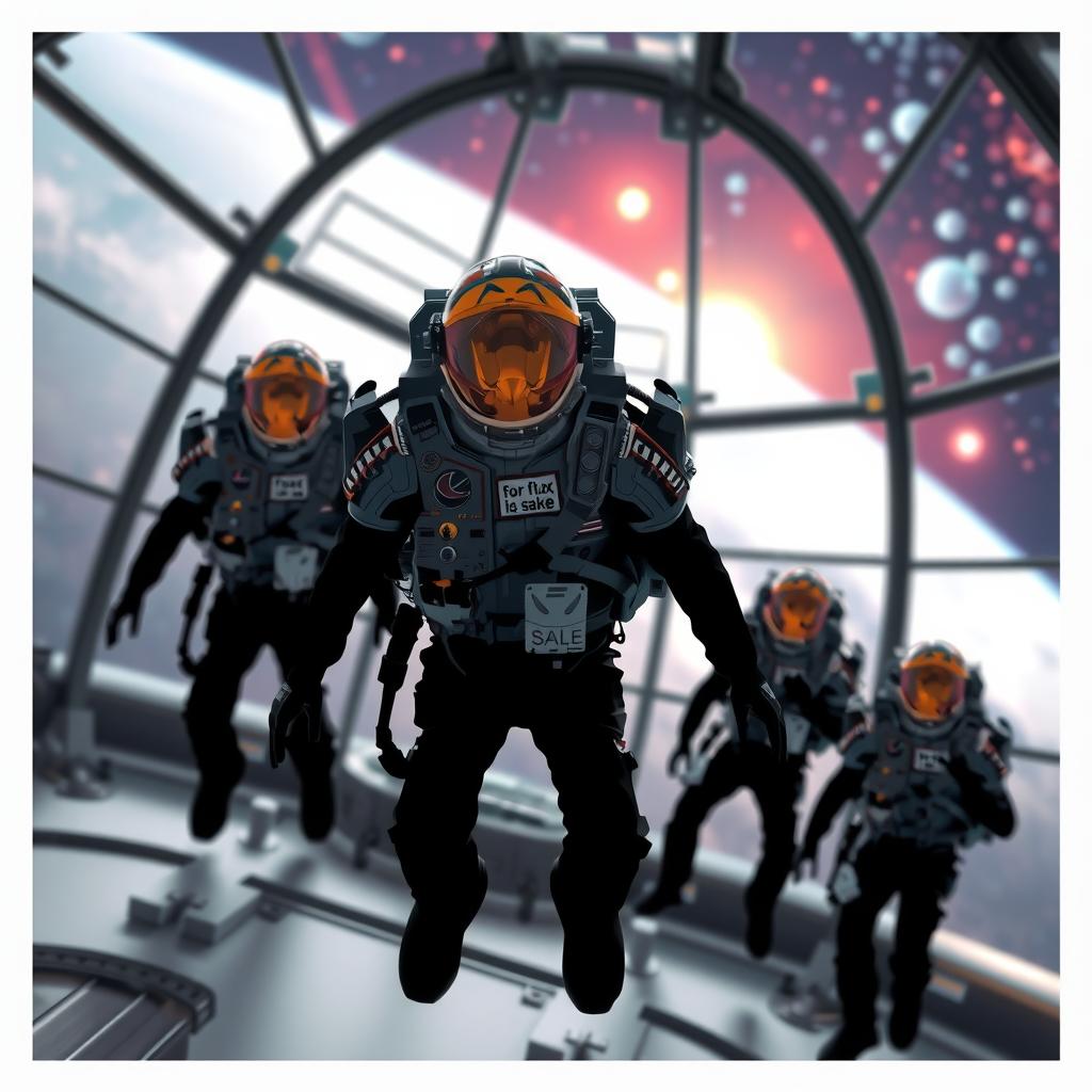  a crew of space explorers in futuristic suits are floating through a space station with massive glass windows showing a nebula filled sky. one crew member has a patch on their suit with the words 'for flux sake' symbolizing their rebellious nature as they prepare to venture into the unknown galaxy.