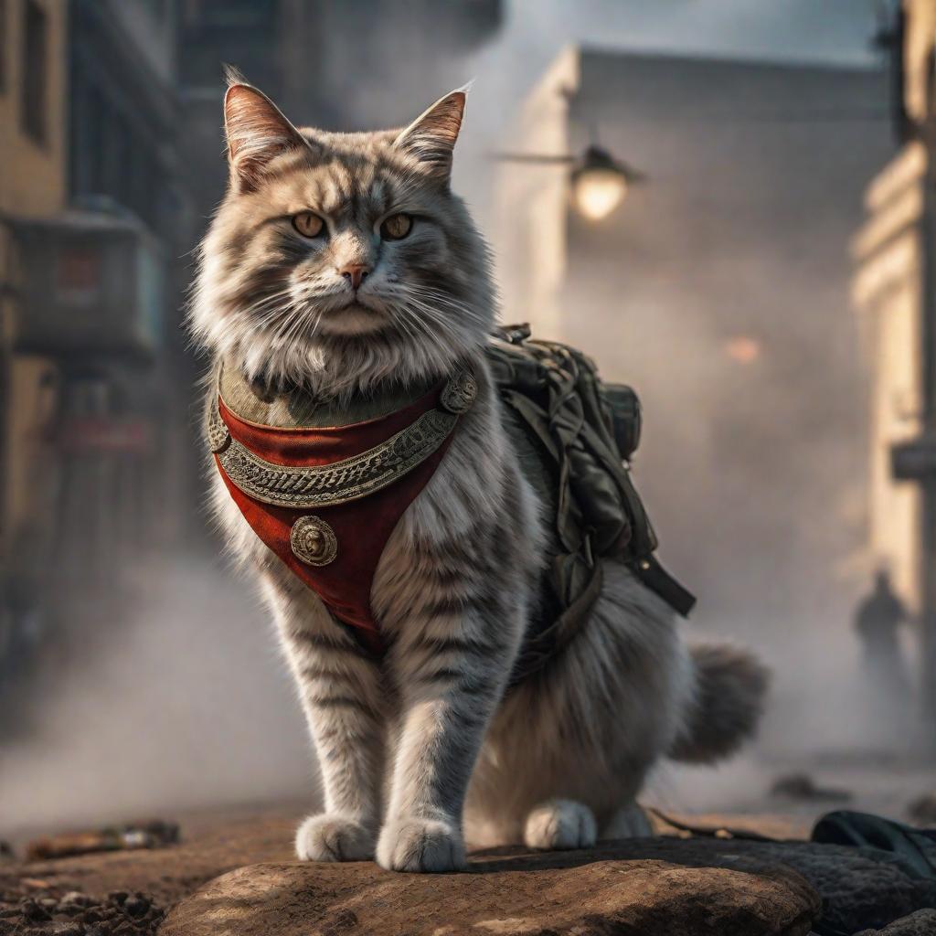  Un gato en la Guerra hyperrealistic, full body, detailed clothing, highly detailed, cinematic lighting, stunningly beautiful, intricate, sharp focus, f/1. 8, 85mm, (centered image composition), (professionally color graded), ((bright soft diffused light)), volumetric fog, trending on instagram, trending on tumblr, HDR 4K, 8K