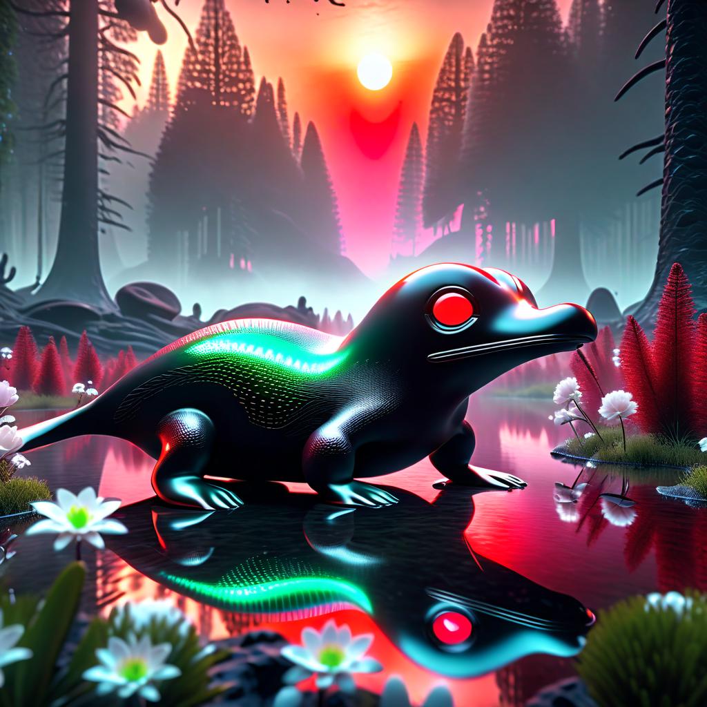  alien-themed black platypus ghost translucent, green forest, white mist flowers, Red sunset, alien landscape, perfect composition, exquisite attention to small details, realistic reflections, UHD, 8k, ultra-detailed texture, volumetric light, cinematic effects, masterpiece , trending on ArtStation, Octane 3D rendering, Mysterious . extraterrestrial, cosmic, otherworldly, mysterious, sci-fi, highly detailed