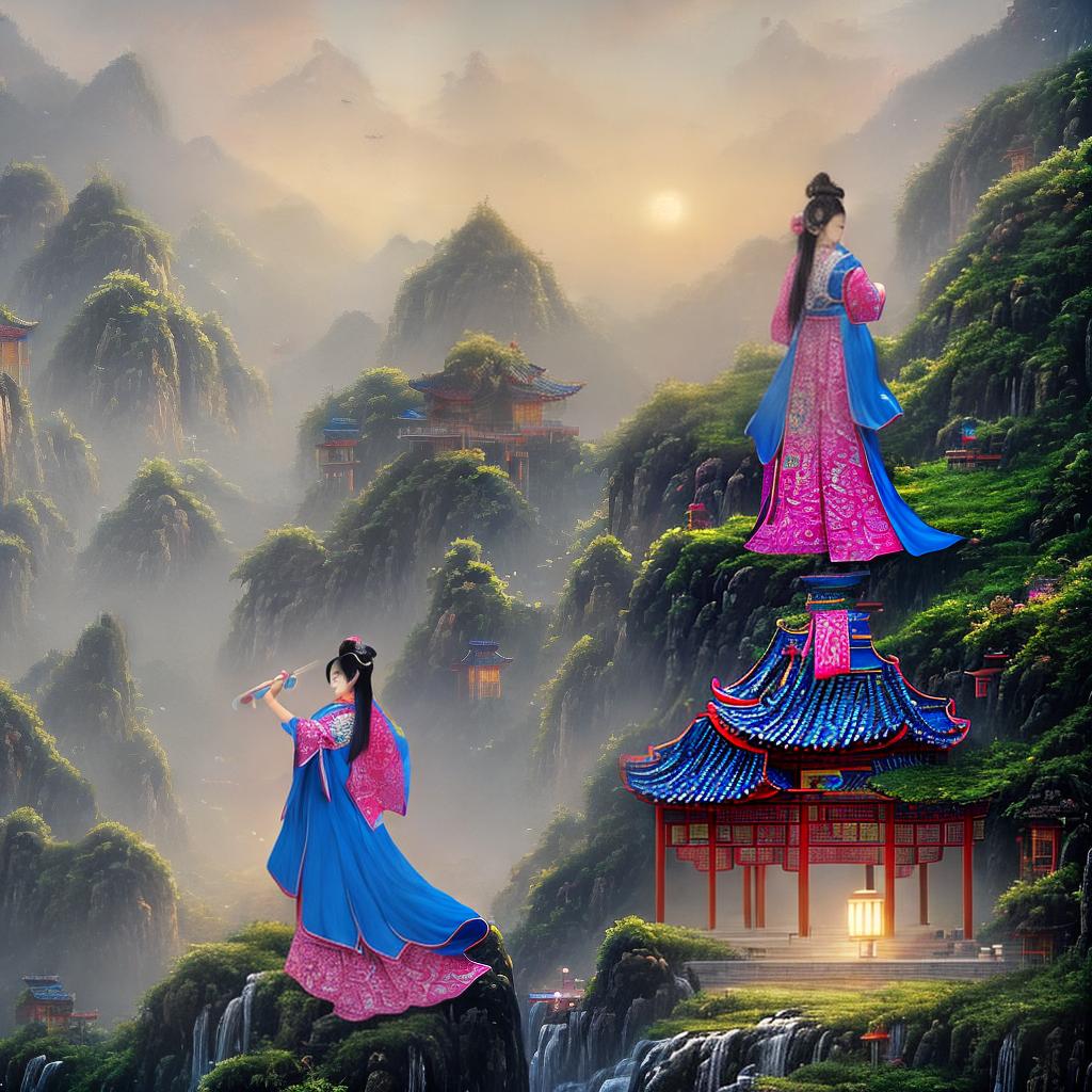  An ultra-detailed and high-detailed scene inspired by the Beast Style. It showcases a girl dressed in a blue outfit with Chinese influences. The artwork, with a resolution of 8k, showcases intricate brushwork and meticulous attention to detail. The vibrant colors and expressive forms make this piece a true masterpiece. (Medium: Acrylic on canvas, Style: Beast Style, Subject: Girl in traditional Chinese clothing, Lighting: Natural light) hyperrealistic, full body, detailed clothing, highly detailed, cinematic lighting, stunningly beautiful, intricate, sharp focus, f/1. 8, 85mm, (centered image composition), (professionally color graded), ((bright soft diffused light)), volumetric fog, trending on instagram, trending on tumblr, HDR 4K, 8K