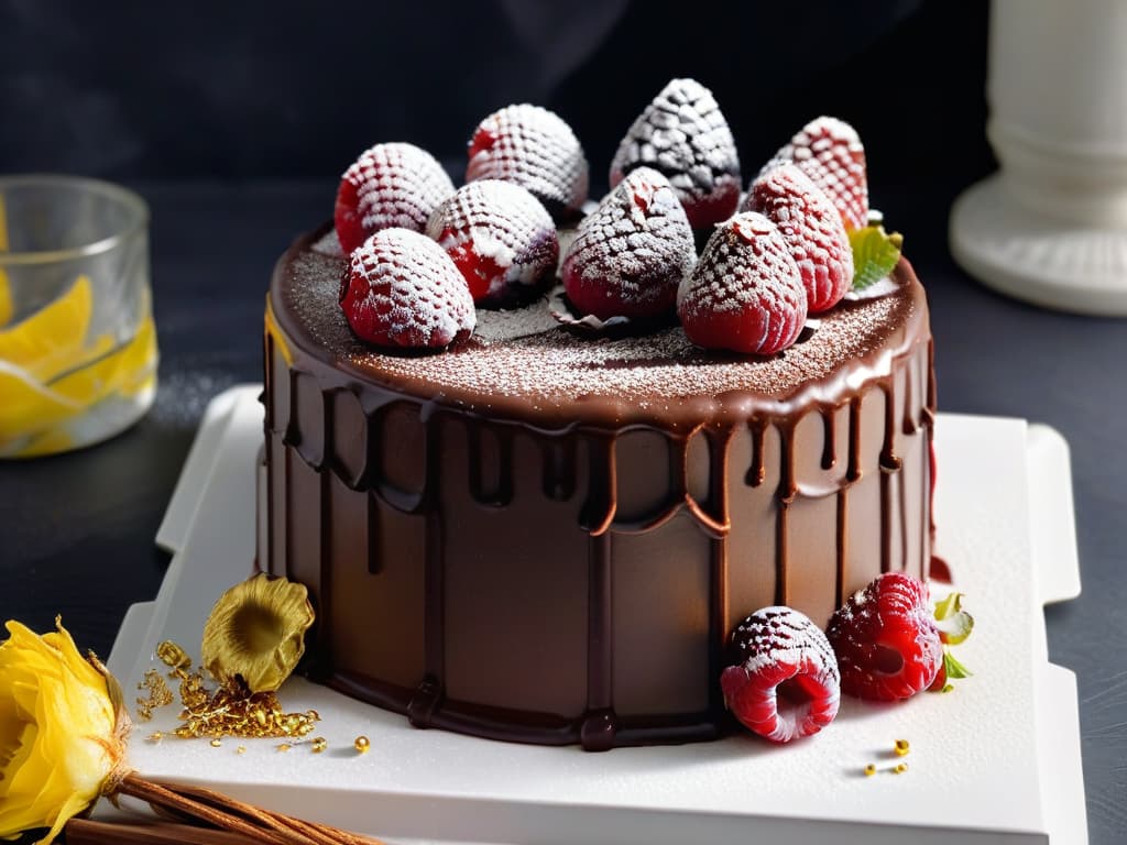  A minimalistic image of a decadent multilayered chocolate ganache cake, topped with fresh raspberries and a dusting of edible gold flakes, set on a sleek white plate against a black backdrop. The rich, glossy texture of the ganache contrasts beautifully with the vibrant red of the berries, creating a visually striking and elegant composition that exudes luxury and sophistication. hyperrealistic, full body, detailed clothing, highly detailed, cinematic lighting, stunningly beautiful, intricate, sharp focus, f/1. 8, 85mm, (centered image composition), (professionally color graded), ((bright soft diffused light)), volumetric fog, trending on instagram, trending on tumblr, HDR 4K, 8K