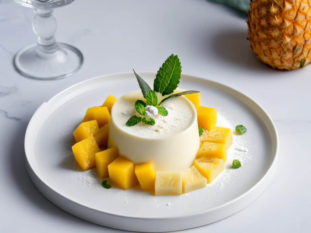  A minimalistic image of a perfectly set Panna Cotta de Coco y Piña elegantly garnished with fresh pineapple chunks, shredded coconut, and a sprig of mint on a sleek, white porcelain plate. The creamy dessert is delicately wobbling, showcasing its smooth texture, while the vibrant colors of the coconut and pineapple create a visually appealing contrast against the pristine background. The focus is on the exquisite details of the dessert, highlighting its tropical essence and inviting the viewer to savor the flavors through the simplicity of the presentation. hyperrealistic, full body, detailed clothing, highly detailed, cinematic lighting, stunningly beautiful, intricate, sharp focus, f/1. 8, 85mm, (centered image composition), (professionally color graded), ((bright soft diffused light)), volumetric fog, trending on instagram, trending on tumblr, HDR 4K, 8K