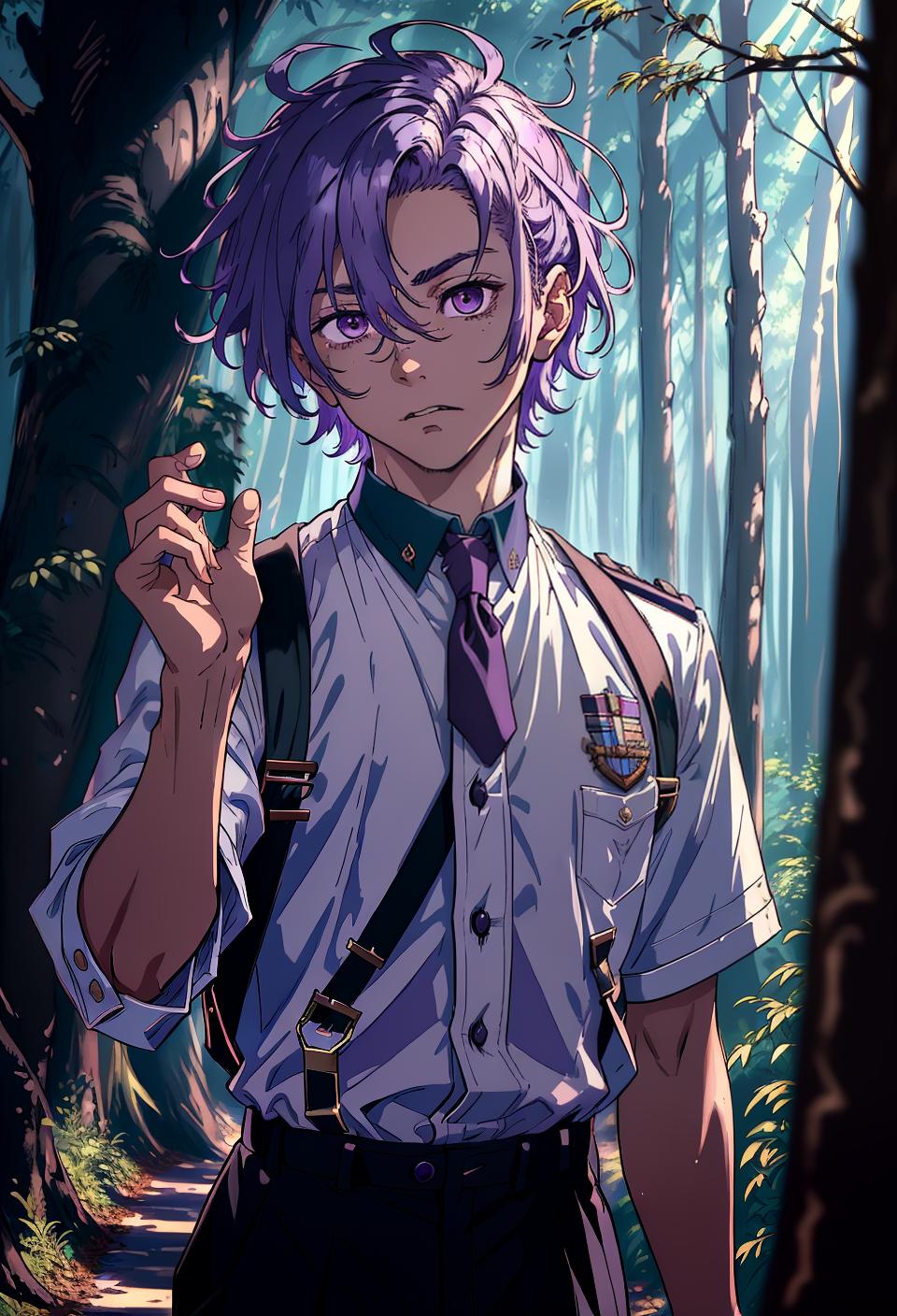  ((trending, highres, masterpiece, cinematic shot)), 1boy, young, male student uniform, forest scene, medium-length messy light purple hair, side locks hairstyle, narrow dark eyes, high class, elegant personality, smug expression, tanned skin, morbid, energetic