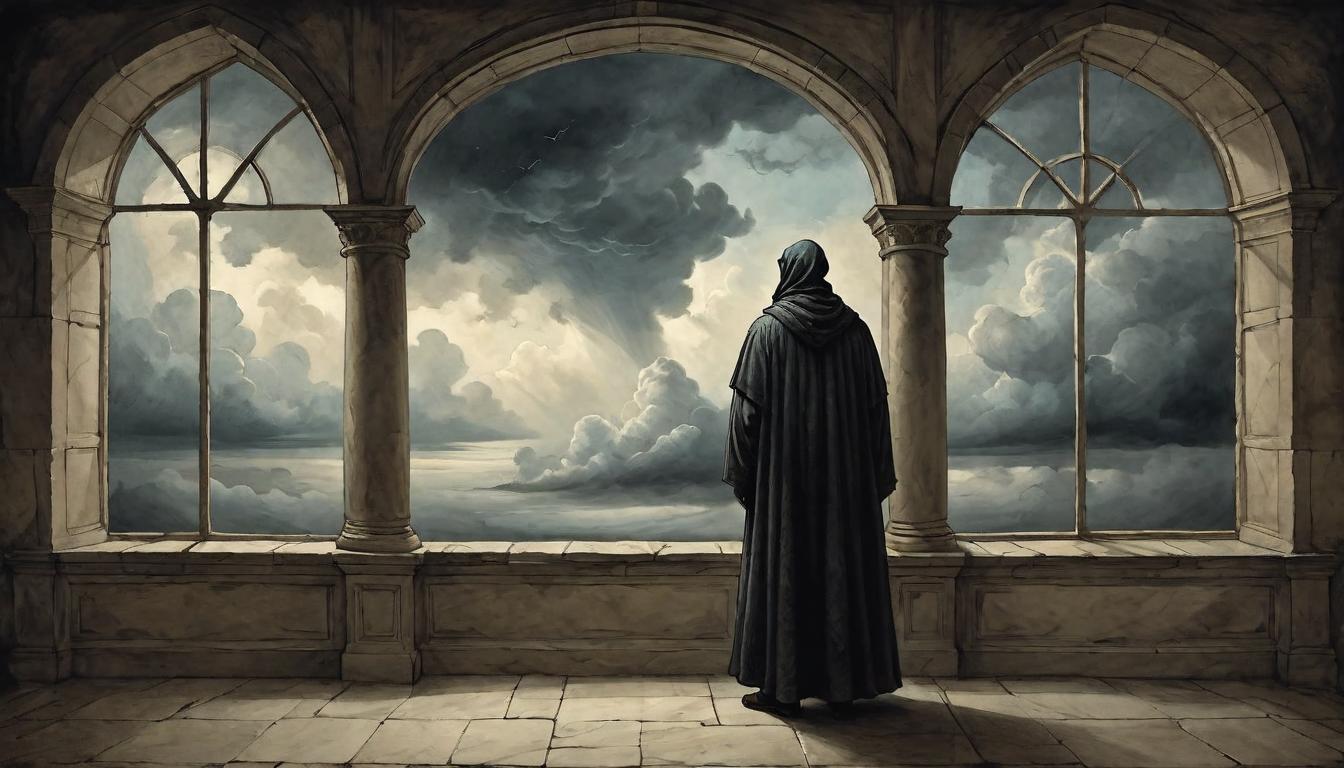  on parchment, surrealism+++, A figure enshrouded in shadows stands before a window showing a tumultuous sky, embodying the choice of silence in the face of adversity, figure silent, sky stormy, window framing, adversity daunting(mysterious, provocative, symbolic,muted color)+++