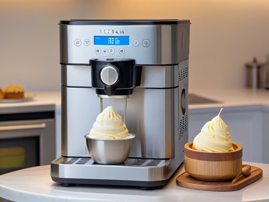  A closeup, ultradetailed image of a sleek, stainless steel ice cream maker churning velvety, rich vanilla bean ice cream, with wisps of steam rising from the top, set against a soft, blurred background of a modern, minimalist kitchen. The focus is on the intricate machinery of the ice cream maker, capturing every gleaming component and texture in exquisite detail, highlighting the precision and quality of crafting gourmet homemade ice cream. hyperrealistic, full body, detailed clothing, highly detailed, cinematic lighting, stunningly beautiful, intricate, sharp focus, f/1. 8, 85mm, (centered image composition), (professionally color graded), ((bright soft diffused light)), volumetric fog, trending on instagram, trending on tumblr, HDR 4K, 8K