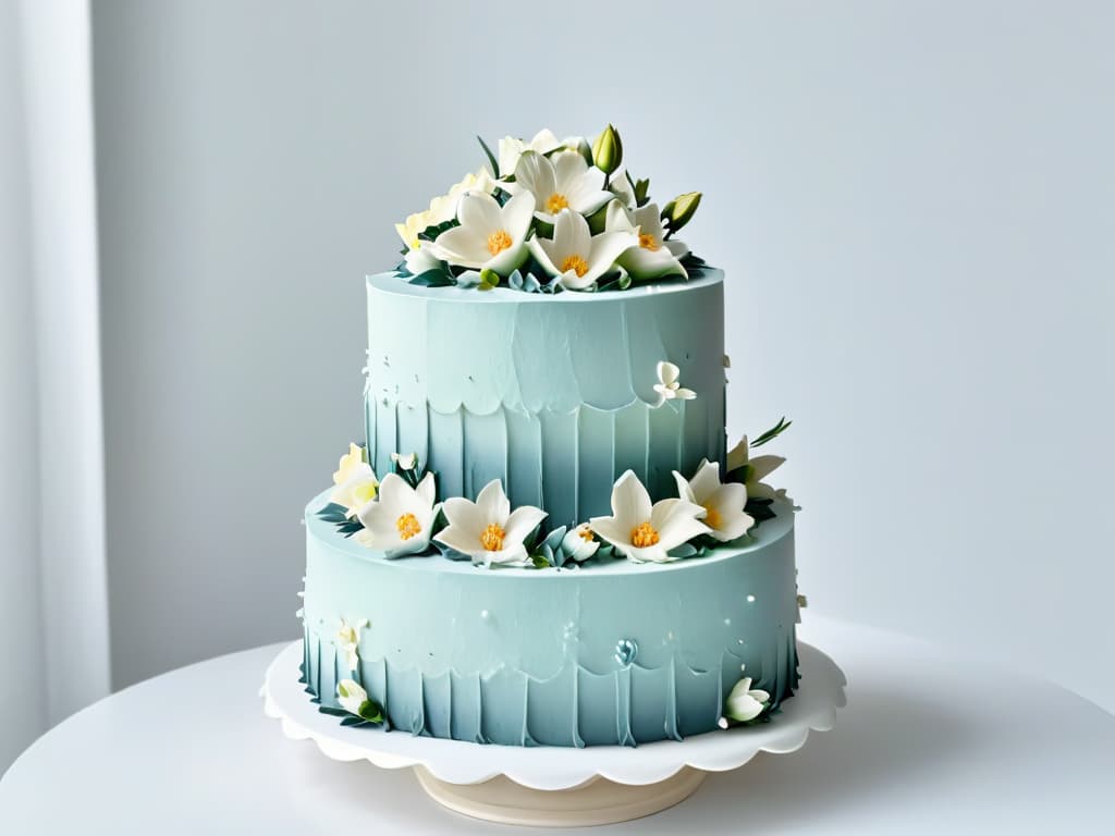  A minimalist, highresolution image of a tiered wedding cake featuring intricate lacelike icing details, adorned with delicate sugar flowers in soft pastel hues. The cake is elegantly displayed on a simple, modern cake stand against a clean, white background, exuding an air of sophistication and timeless beauty. hyperrealistic, full body, detailed clothing, highly detailed, cinematic lighting, stunningly beautiful, intricate, sharp focus, f/1. 8, 85mm, (centered image composition), (professionally color graded), ((bright soft diffused light)), volumetric fog, trending on instagram, trending on tumblr, HDR 4K, 8K