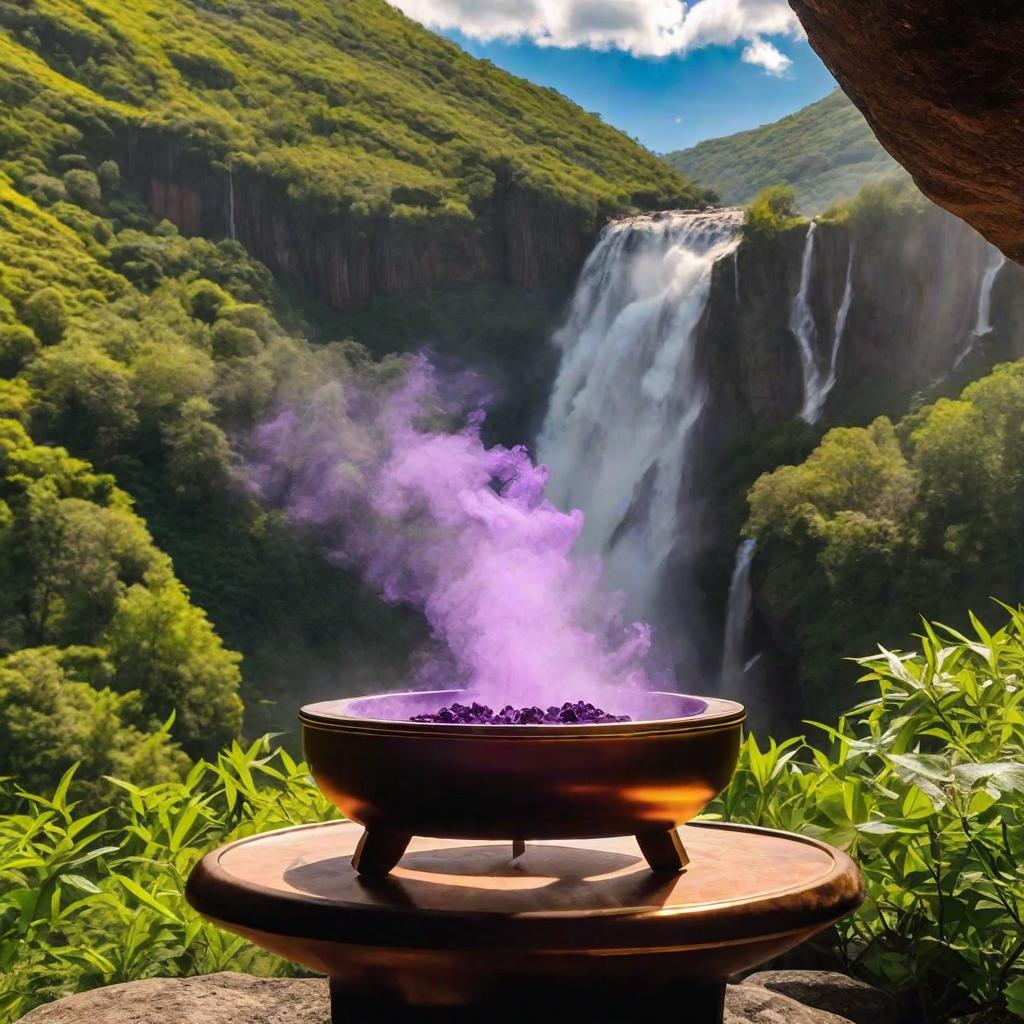  masterpiece, best quality,Sunlight incense burner produces purple smoke, far away to see the waterfall hanging in front of the river. Flying straight down three thousand feet, suspected to be the Milky Way falling nine days