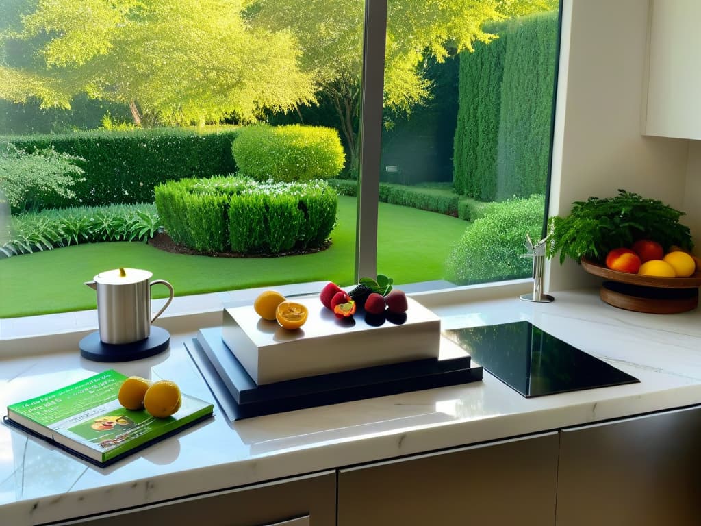  An ultradetailed 8k image of a sleek, modern kitchen with pristine white countertops, stainless steel appliances, and a large window overlooking a lush green garden. The sunlight streams in, casting a warm glow on the marble floor. A minimalist cookbook stand displays a toprated baking book with vibrant, enticing dessert images, while a bowl of fresh fruits sits nearby. The scene exudes tranquility, elegance, and the promise of culinary creativity. hyperrealistic, full body, detailed clothing, highly detailed, cinematic lighting, stunningly beautiful, intricate, sharp focus, f/1. 8, 85mm, (centered image composition), (professionally color graded), ((bright soft diffused light)), volumetric fog, trending on instagram, trending on tumblr, HDR 4K, 8K