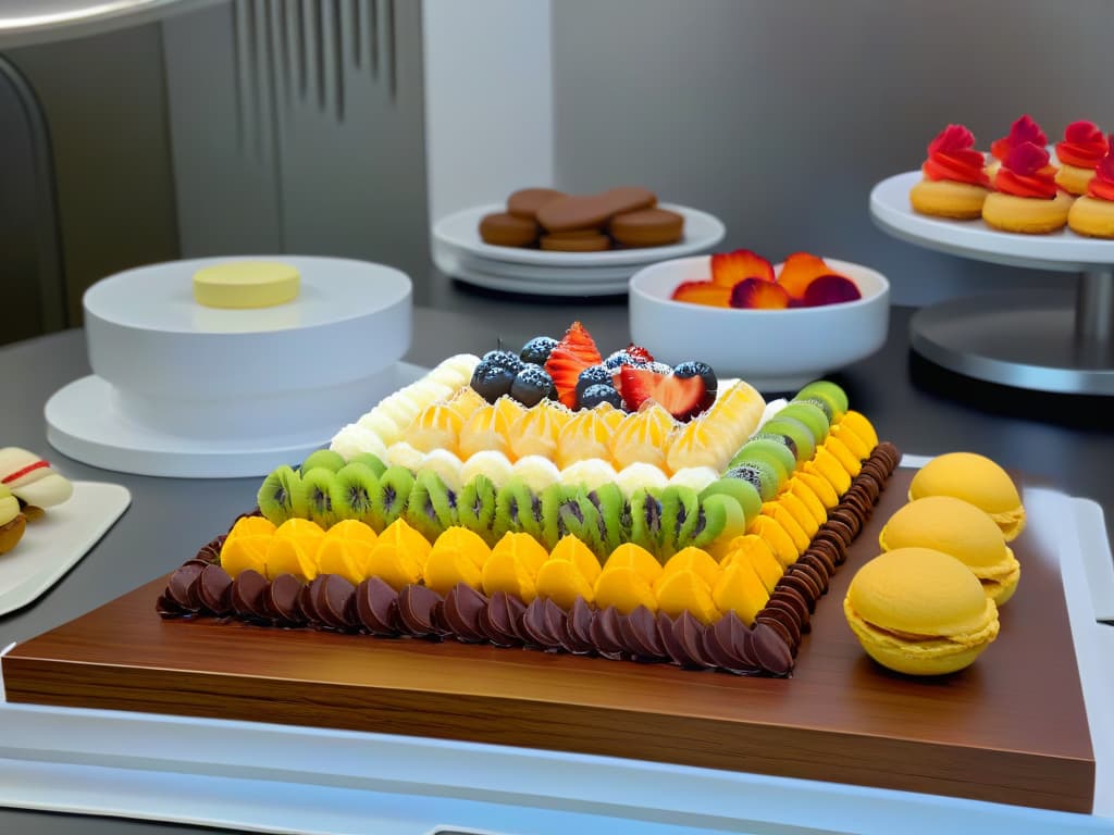  A photorealistic image of a modern kitchen countertop filled with an array of decadent and visually stunning diabeticfriendly desserts. The desserts are artfully crafted with vibrant colors and intricate designs, showcasing the innovative techniques used to create delicious treats that are safe for individuals with diabetes. The image features a variety of desserts such as macarons, fruit tarts, and chocolate mousse, all exquisitely presented on elegant serving platters and garnished with fresh fruits and edible flowers. The background shows sleek kitchen appliances and utensils, emphasizing the professional and inspiring atmosphere of a cuttingedge culinary setting. hyperrealistic, full body, detailed clothing, highly detailed, cinematic lighting, stunningly beautiful, intricate, sharp focus, f/1. 8, 85mm, (centered image composition), (professionally color graded), ((bright soft diffused light)), volumetric fog, trending on instagram, trending on tumblr, HDR 4K, 8K