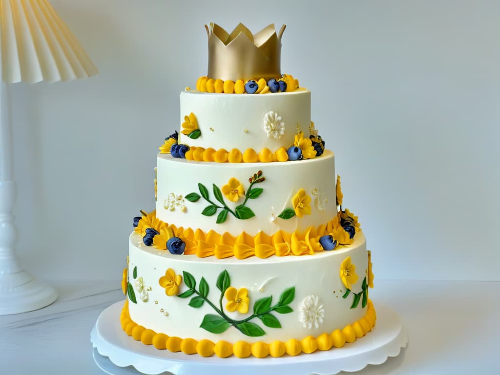  A photorealistic image of a beautifully decorated threetiered cake inspired by the iconic showstopper challenges from "The Great British Bake Off." The cake features intricate floral piping details, fondant decorations of miniature baking utensils, and a gold ribbon cascading down the side. The top tier is adorned with a miniature fondant crown, symbolizing the regal nature of the baking competition. The cake is displayed on a pristine white cake stand, set against a softfocus background of a bustling kitchen filled with colorful ingredients and baking tools. hyperrealistic, full body, detailed clothing, highly detailed, cinematic lighting, stunningly beautiful, intricate, sharp focus, f/1. 8, 85mm, (centered image composition), (professionally color graded), ((bright soft diffused light)), volumetric fog, trending on instagram, trending on tumblr, HDR 4K, 8K