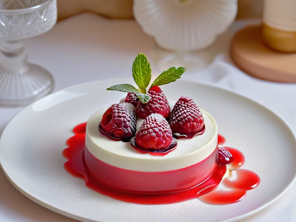  An ultradetailed closeup image of a vibrant and intricate raspberry gelée dessert, showcasing the glossy texture and the way it delicately wobbles on a fine china plate. The dessert is garnished with fresh mint leaves and raspberries, all set against a softfocus background of a sophisticated kitchen setting with natural light filtering through a nearby window, emphasizing the elegance and artistry of using geles in creative pastry. hyperrealistic, full body, detailed clothing, highly detailed, cinematic lighting, stunningly beautiful, intricate, sharp focus, f/1. 8, 85mm, (centered image composition), (professionally color graded), ((bright soft diffused light)), volumetric fog, trending on instagram, trending on tumblr, HDR 4K, 8K