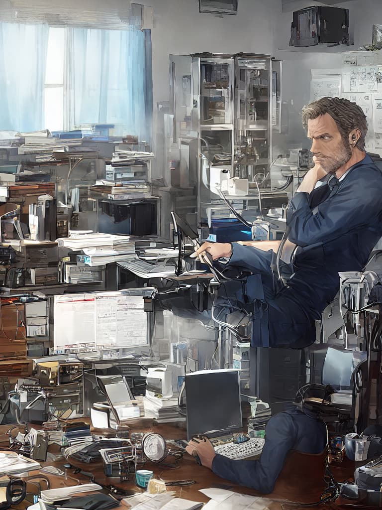  Anime pixar style of Dr. Gregory House from the TV series 'House M.D.'. The character resembles actor Hugh Laurie, with his signature stubble, piercing blue eyes, and slightly disheveled hair. He is wearing his usual outfit: a wrinkled blazer, a graphic t shirt underneath, and jeans. The scene is set in his office, with a cluttered desk, medical equipment, and the iconic whiteboard with medical notes in the background. Dr. House is holding a cane and has a thoughtful, yet slightly cynical expression on his face. hyperrealistic, full body, detailed clothing, highly detailed, cinematic lighting, stunningly beautiful, intricate, sharp focus, f/1. 8, 85mm, (centered image composition), (professionally color graded), ((bright soft diffused light)), volumetric fog, trending on instagram, trending on tumblr, HDR 4K, 8K