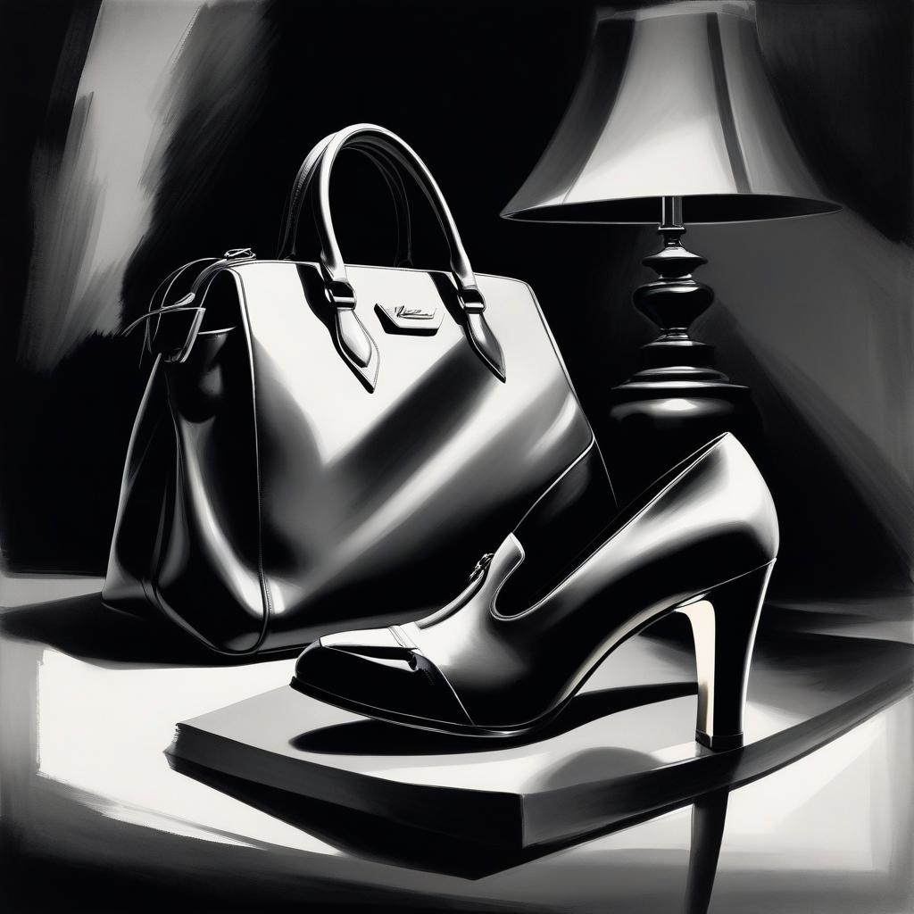  film noir style sketch of a fashion house, women's shoes and bag drawn with a black and white brush, clear and rough ink strokes, detailing, original, beautiful and gentle. . monochrome, high contrast, dramatic shadows, 1940s style, mysterious, cinematic hyperrealistic, full body, detailed clothing, highly detailed, cinematic lighting, stunningly beautiful, intricate, sharp focus, f/1. 8, 85mm, (centered image composition), (professionally color graded), ((bright soft diffused light)), volumetric fog, trending on instagram, trending on tumblr, HDR 4K, 8K