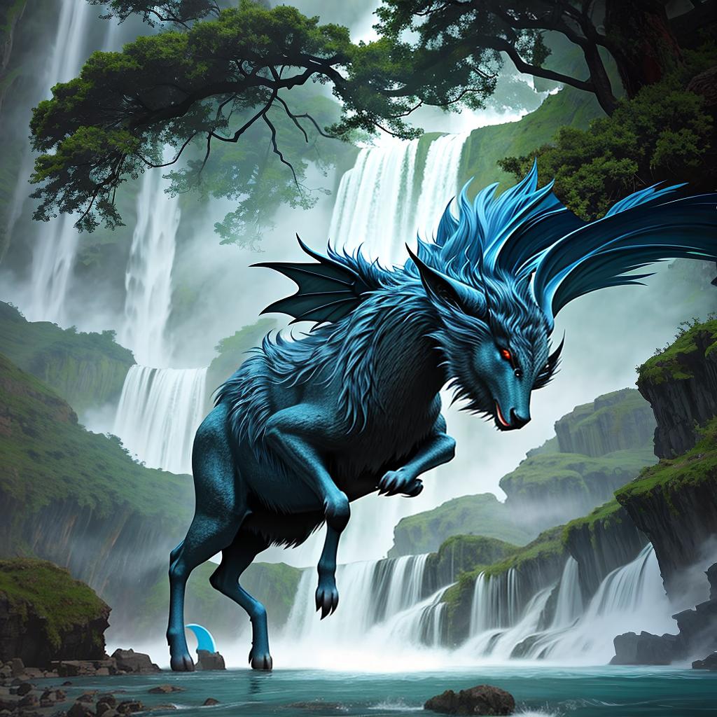  as a cinematic render, Paint a surreal landscape where mythical beasts roam amidst cascading waterfalls.