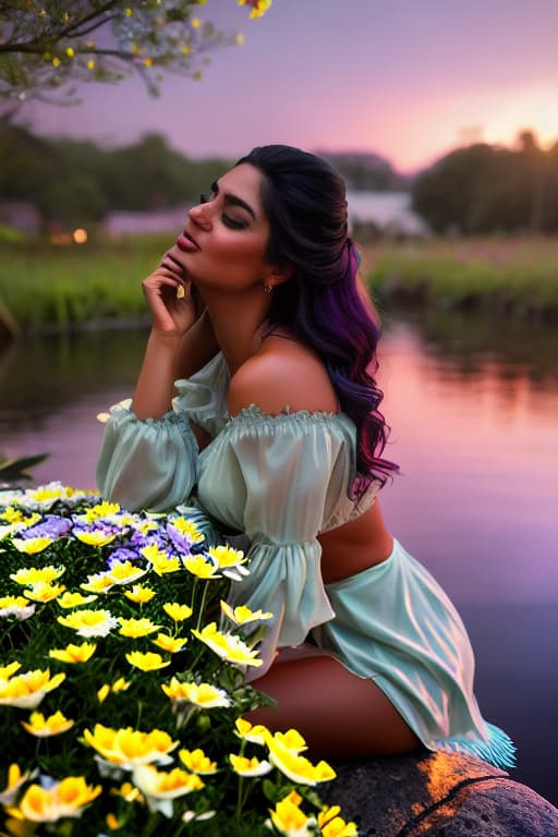  A beautiful Hispanic girl, crying by a river that is being lit by the moonlight wishing all her sorrows would go away because of the love she has for one man who is unhappy with himself she is surrounded by the beauty of flowers, stargazing, and fairies hyperrealistic, full body, detailed clothing, highly detailed, cinematic lighting, stunningly beautiful, intricate, sharp focus, f/1. 8, 85mm, (centered image composition), (professionally color graded), ((bright soft diffused light)), volumetric fog, trending on instagram, trending on tumblr, HDR 4K, 8K