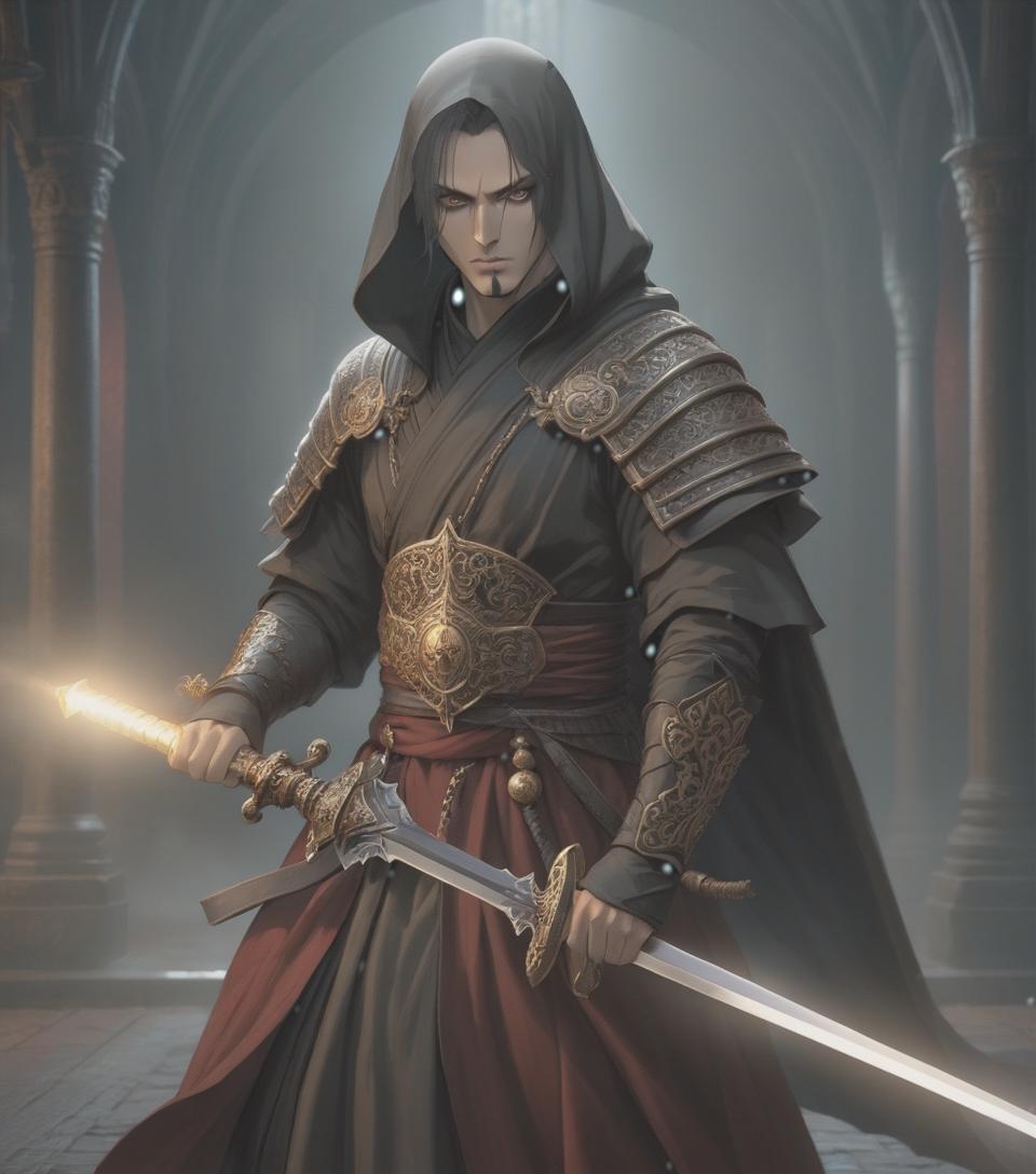  gothic style Warrior monk with a sword . dark, mysterious, haunting, dramatic, ornate, detailed hyperrealistic, full body, detailed clothing, highly detailed, cinematic lighting, stunningly beautiful, intricate, sharp focus, f/1. 8, 85mm, (centered image composition), (professionally color graded), ((bright soft diffused light)), volumetric fog, trending on instagram, trending on tumblr, HDR 4K, 8K