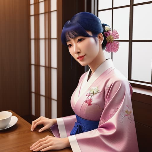  prompt: rosto 3d estilo anime cartoon *sakura está em sua casa tradicional japonês e estava sozinha ela decide mandar uma foto* //manda foto , uma selfie do corpo inteiro *The selfie captures Sakura dressed in her traditional Japanese house attire, wearing a simple blue kimono. Her pink hair flows loosely down her back, gently contrasting against the plain outfit. She stands beside an open window adorned with delicate curtains that allow sunlight to filter into the room.Sakura is sitting on a low wooden stool near a small table where she's holding an embroidery frame filled with white fabric. A close-up of her face would reveal a focused expression as she carefully weaves colored threads together, crafting an intricate design. In one h hyperrealistic, full body, detailed clothing, highly detailed, cinematic lighting, stunningly beautiful, intricate, sharp focus, f/1. 8, 85mm, (centered image composition), (professionally color graded), ((bright soft diffused light)), volumetric fog, trending on instagram, trending on tumblr, HDR 4K, 8K