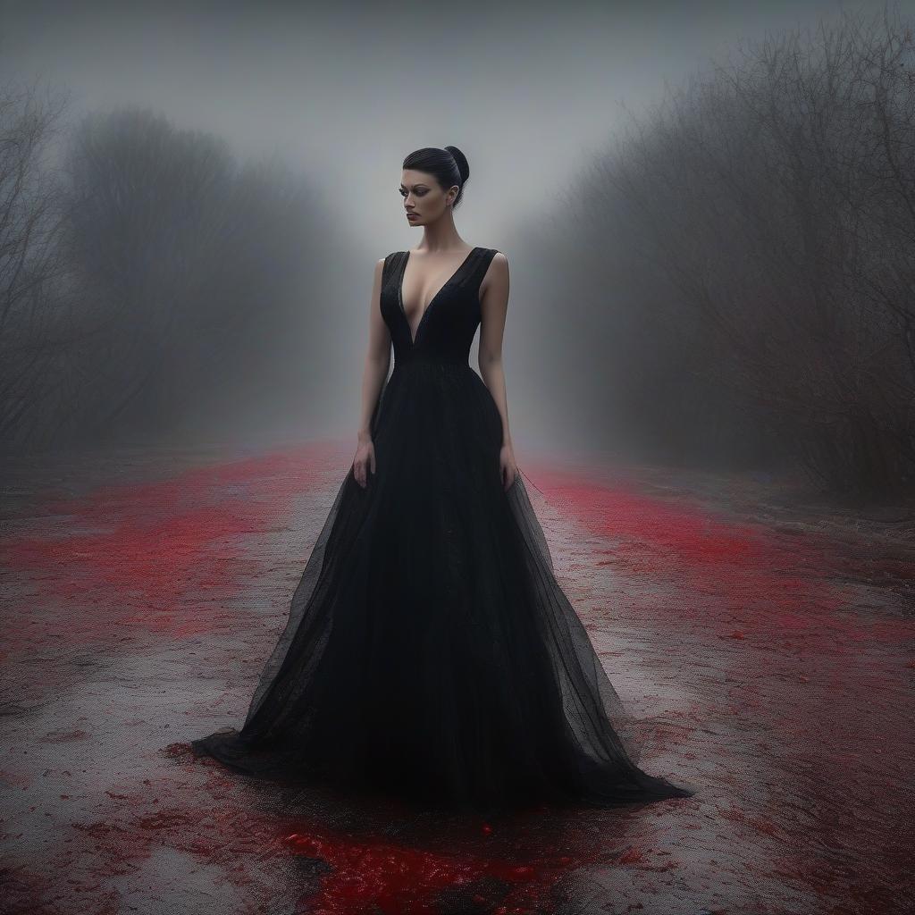  Sorrowful beauty in a black dress with bloody tears in the 2010's. hyperrealistic, full body, detailed clothing, highly detailed, cinematic lighting, stunningly beautiful, intricate, sharp focus, f/1. 8, 85mm, (centered image composition), (professionally color graded), ((bright soft diffused light)), volumetric fog, trending on instagram, trending on tumblr, HDR 4K, 8K