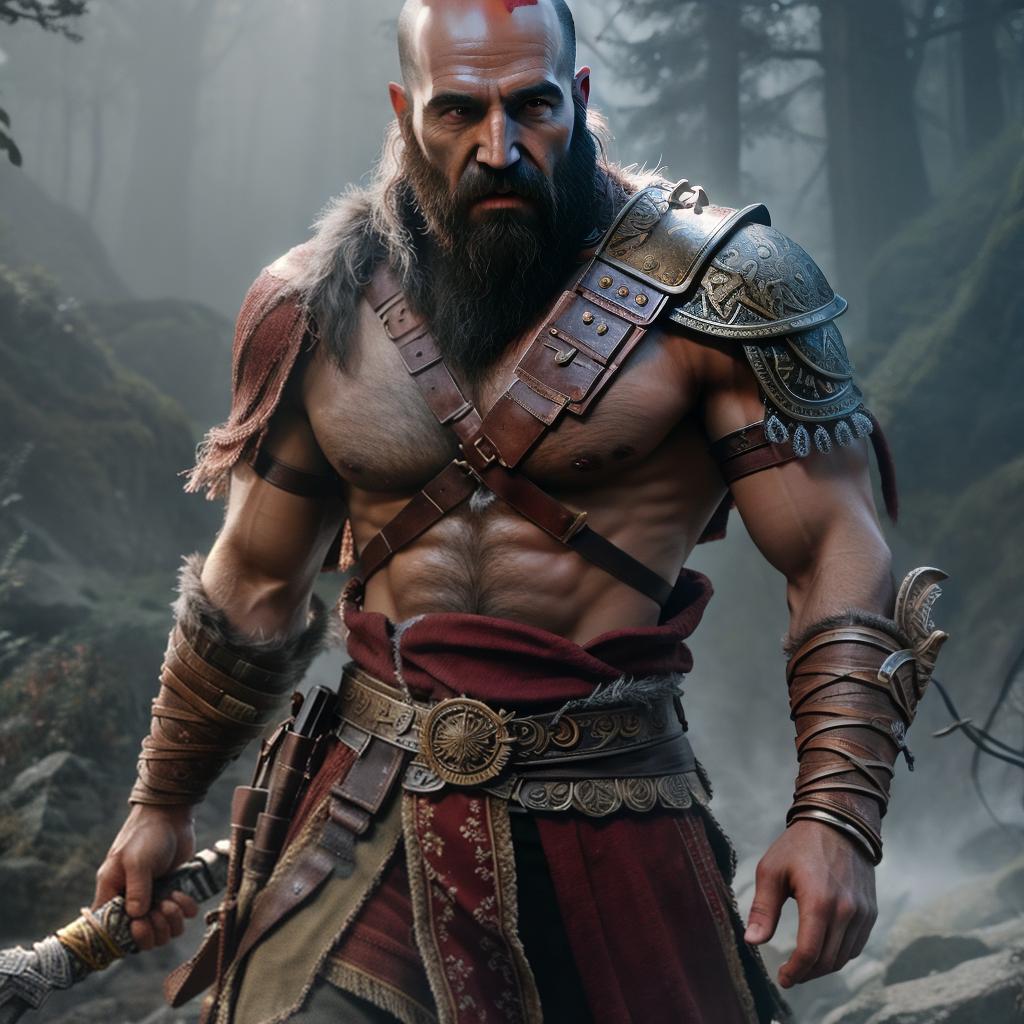  God of war hyperrealistic, full body, detailed clothing, highly detailed, cinematic lighting, stunningly beautiful, intricate, sharp focus, f/1. 8, 85mm, (centered image composition), (professionally color graded), ((bright soft diffused light)), volumetric fog, trending on instagram, trending on tumblr, HDR 4K, 8K