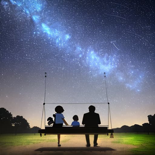  A man and a woman in the park, the sky is full of stars, occasionally there are meteors across, girls sitting on the swing, looking up at the stars, boys holding the swing, looking at the girls dotingly, asking for the overall color to be blue, pay attention to the details of the characters and the sky