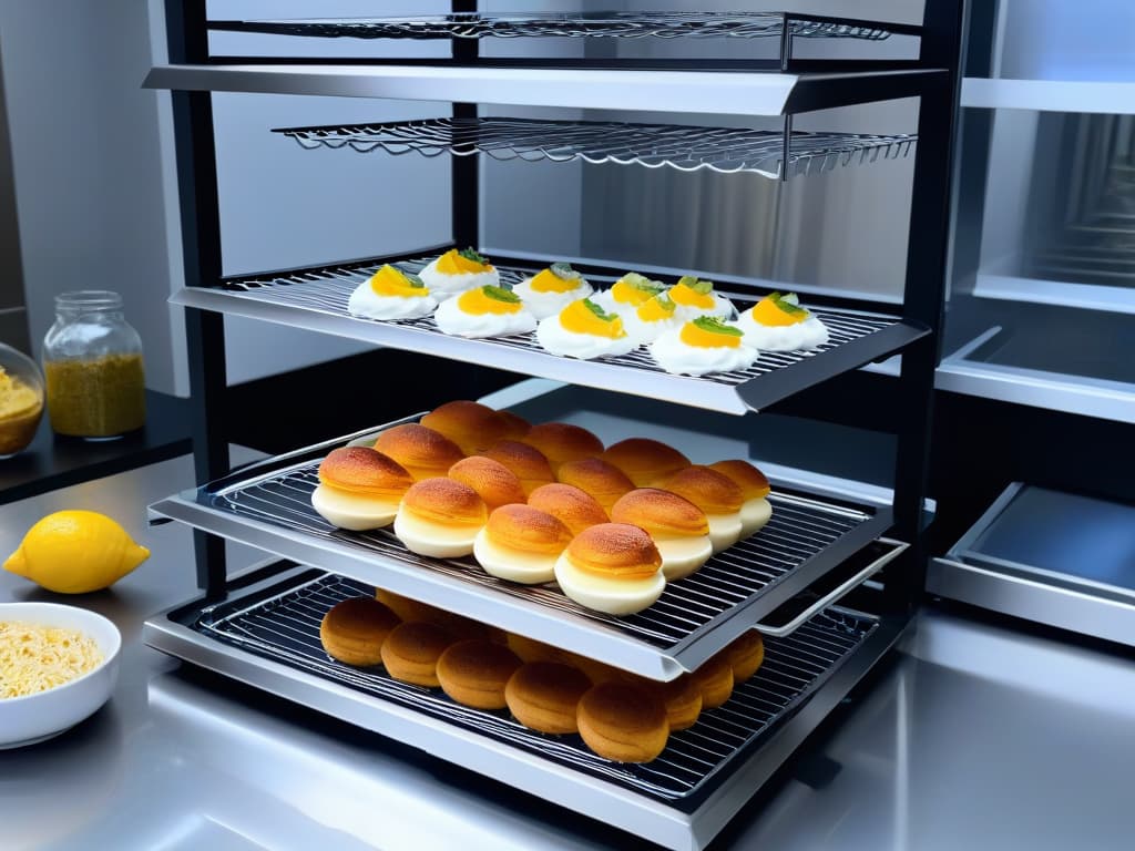  An ultradetailed image of a sleek, modern kitchen filled with an array of professionalgrade cooling racks and trays, showcasing their versatility and efficiency. The scene captures the gleaming stainless steel surfaces of the racks, perfectly arranged with freshly baked goods cooling to perfection, while soft natural light filters through a nearby window, highlighting the intricate design and sturdy construction of the cooling essentials. The composition exudes a sense of precision and expertise, appealing to professionals seeking topnotch equipment for their culinary endeavors. hyperrealistic, full body, detailed clothing, highly detailed, cinematic lighting, stunningly beautiful, intricate, sharp focus, f/1. 8, 85mm, (centered image composition), (professionally color graded), ((bright soft diffused light)), volumetric fog, trending on instagram, trending on tumblr, HDR 4K, 8K