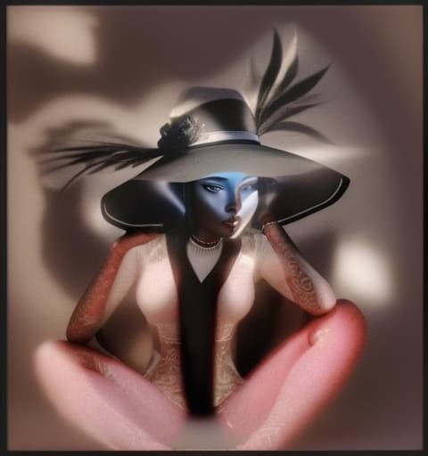  a colorfully presented, 3d picture of A woman in a hat with features who is sitting on the ground, with a black body, and a white face, shadow reflecting, , hyperrealistic, high quality, highly detailed, perfect lighting, intricate, sharp focus, f/1. 8, 85mm, (centered image composition), (professionally color graded), ((bright soft diffused light)), trending on instagram, HDR 4K, 8K