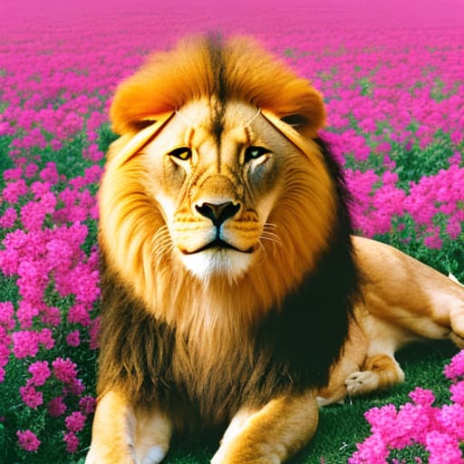 analog style A golden big nice great lion in a field of flowers with yellow eyes. High quality