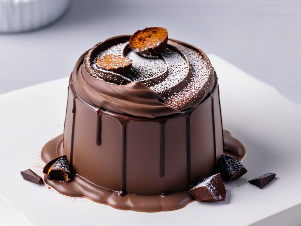  A closeup, ultradetailed image of a single gourmet chocolate truffle split in half, revealing a rich, creamy filling oozing out, with intricate layers of dark chocolate and a sprinkle of cocoa powder on top. The lighting highlights the glossy texture of the chocolate, showcasing the craftsmanship and innovation in chocolate filling, evoking a sense of luxury and indulgence. hyperrealistic, full body, detailed clothing, highly detailed, cinematic lighting, stunningly beautiful, intricate, sharp focus, f/1. 8, 85mm, (centered image composition), (professionally color graded), ((bright soft diffused light)), volumetric fog, trending on instagram, trending on tumblr, HDR 4K, 8K