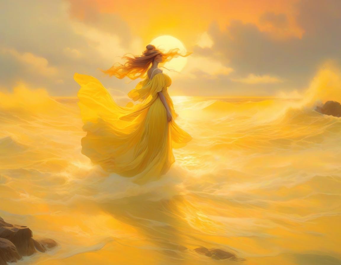  concept art A painting of a woman in a flowing yellow dress reclining on rocks with a sunset over a body of water in the background. . digital artwork, illustrative, painterly, matte painting, highly detailed hyperrealistic, full body, detailed clothing, highly detailed, cinematic lighting, stunningly beautiful, intricate, sharp focus, f/1. 8, 85mm, (centered image composition), (professionally color graded), ((bright soft diffused light)), volumetric fog, trending on instagram, trending on tumblr, HDR 4K, 8K