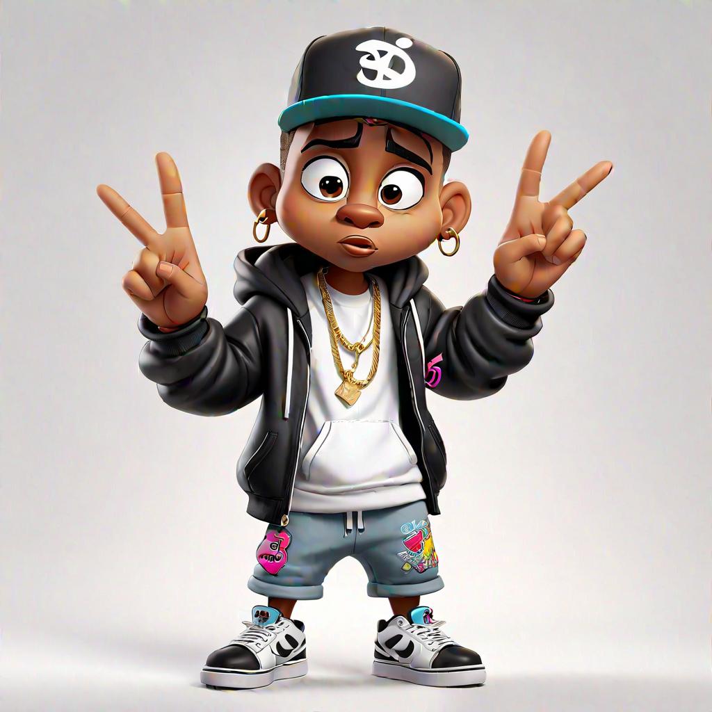  on white background a professional cartoon character of a a rapper, full body shot, mascot, (white solid background:1.2), clean background, (4k, best quality, masterpiece:1.2), ultrahigh res, highly detailed, sharp focus, (perfect image composition), <lora:StickersRedmond:1>, inspired by disney