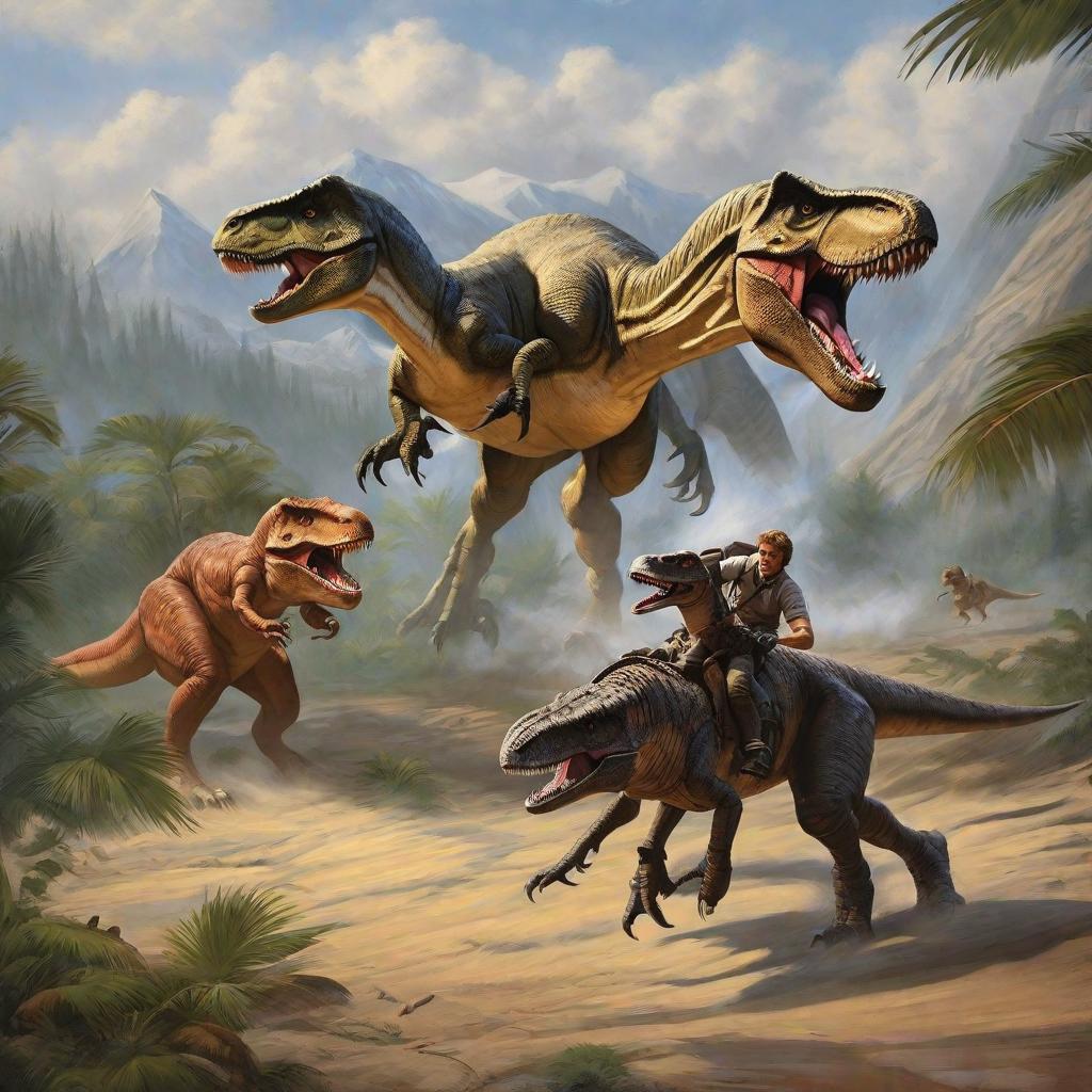  masterpiece, best quality, Raptor Fights T-Rex