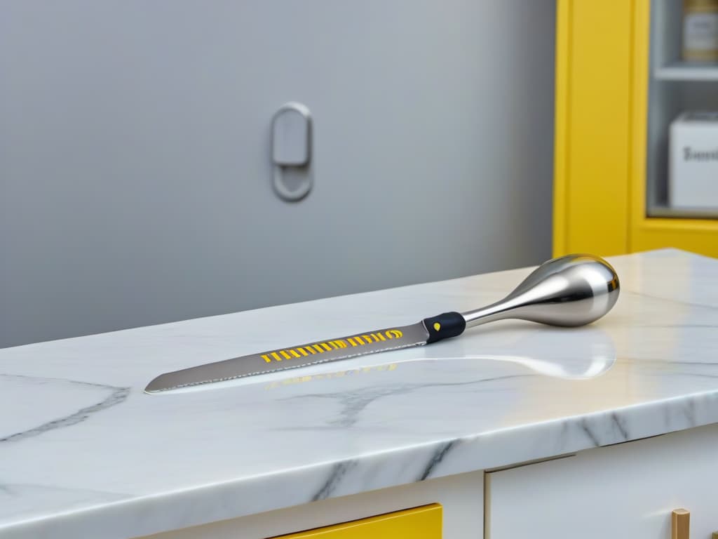  A minimalist, highresolution image of a sleek, stainless steel spatula with the iconic yellow frame around the peephole door from the TV show Friends subtly engraved on its handle. The spatula is elegantly placed on a pristine marble countertop, beautifully capturing the essence of incorporating Friendsthemed utensils into modern baking endeavors. hyperrealistic, full body, detailed clothing, highly detailed, cinematic lighting, stunningly beautiful, intricate, sharp focus, f/1. 8, 85mm, (centered image composition), (professionally color graded), ((bright soft diffused light)), volumetric fog, trending on instagram, trending on tumblr, HDR 4K, 8K