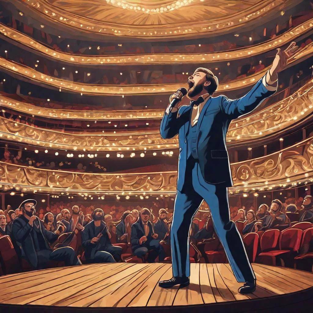  masterpiece, best quality, A drunk Russian man sings a song against the background of a concert hall